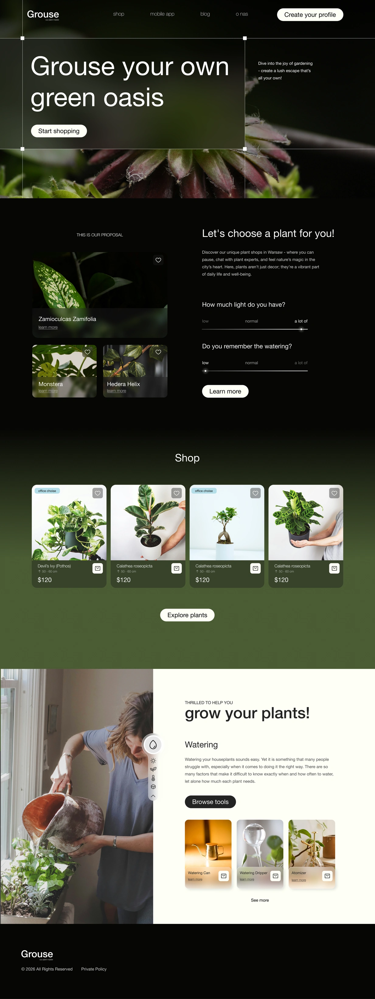 Grouse website: plant selection, shop collection, watering guide and tools