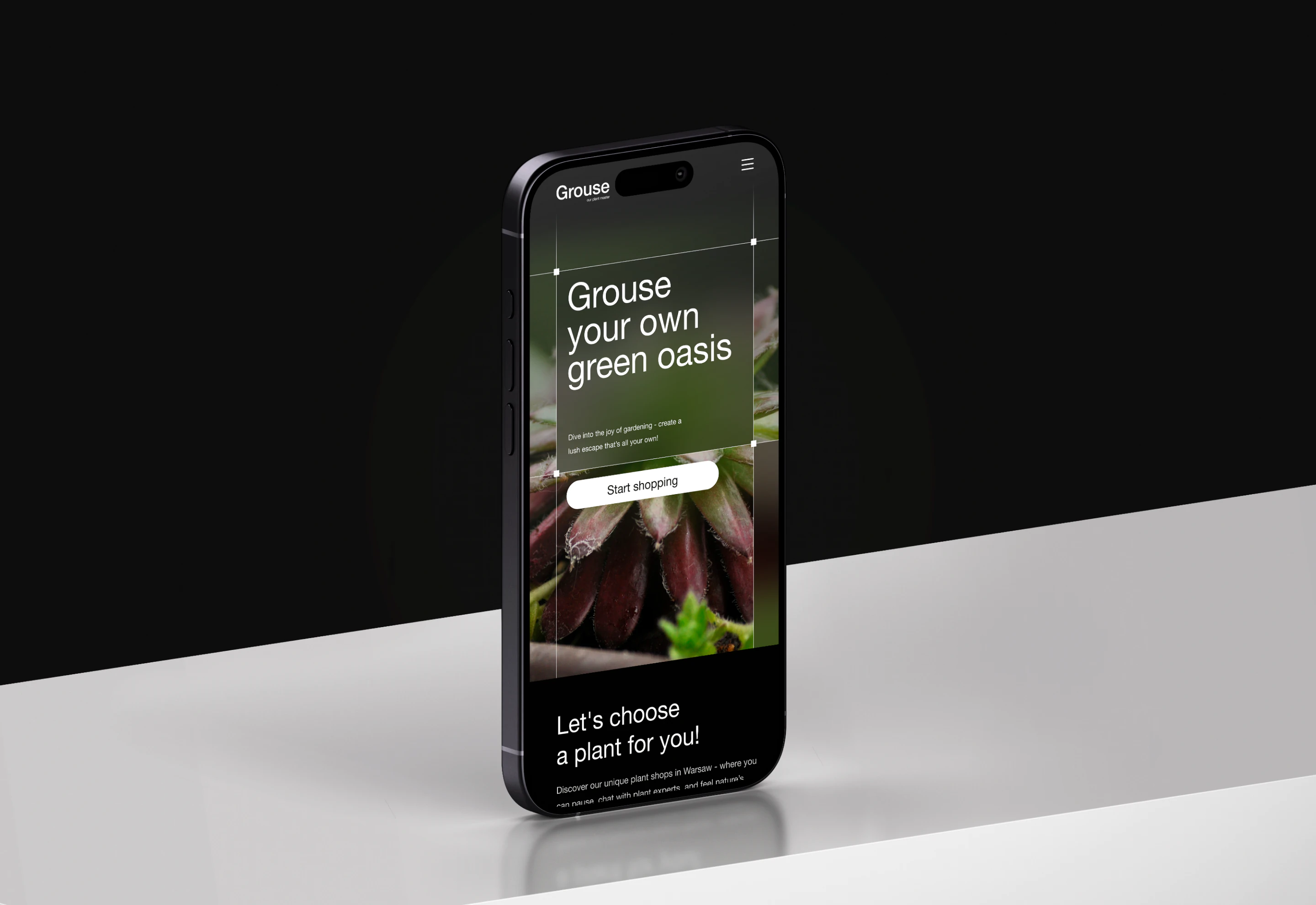 Grouse mobile homepage on an upright phone