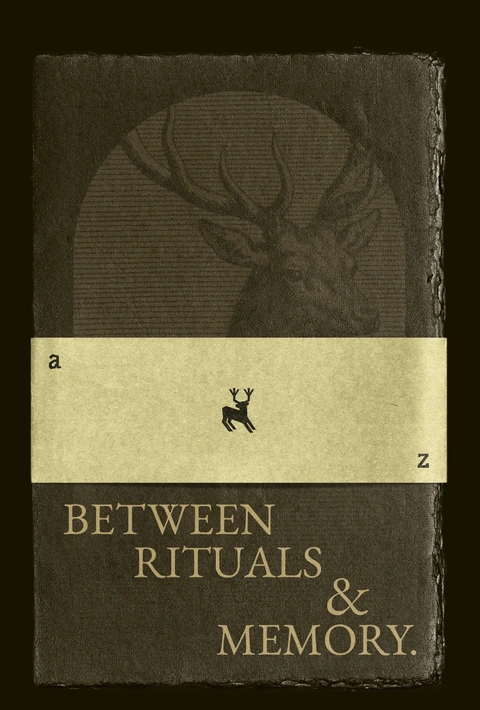 A deckle-edged book, 'Between rituals & memory', banded in gold with the Algiz stag