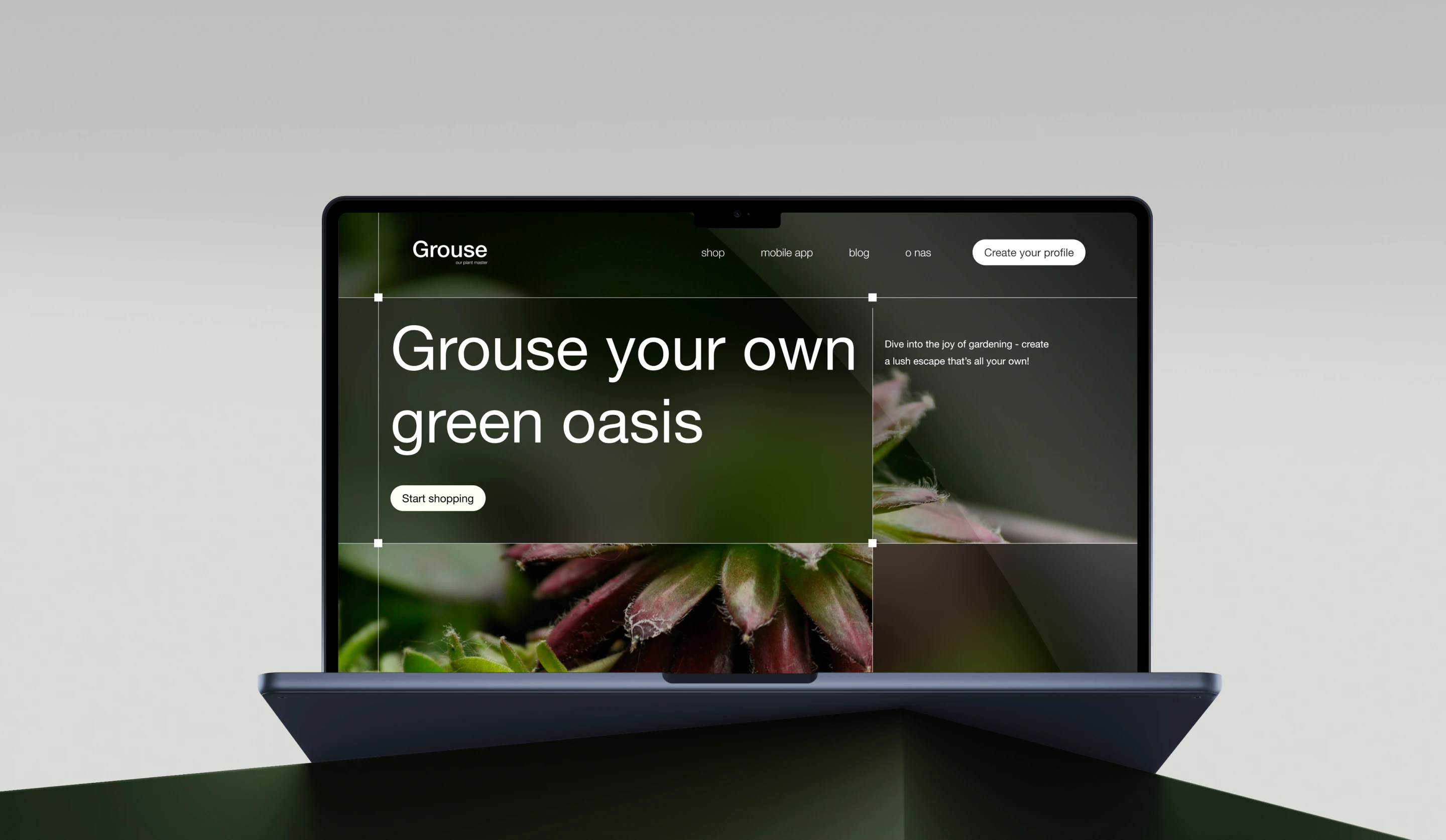 Grouse homepage displayed on a laptop: Grow your own green oasis