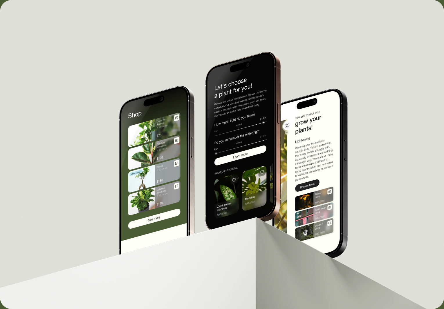 Three phones showing the Grouse mobile shopping experience
