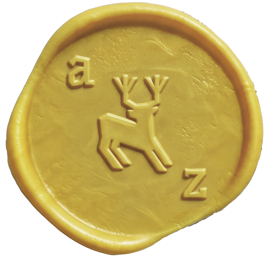 A gold wax seal stamped with the Algiz stag between an 'a' and a 'z'